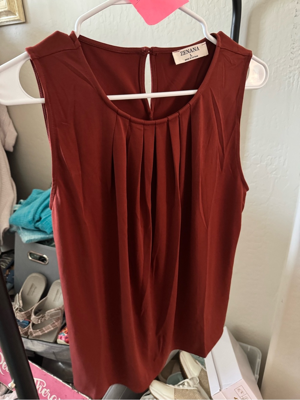 Zenana Outfitters Sleeveless Pleated Camisole — Rust Brown